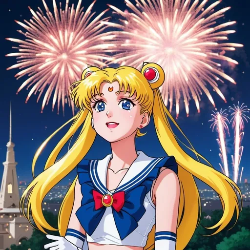Prompt: Sailor Moon enjoying the fireworks
