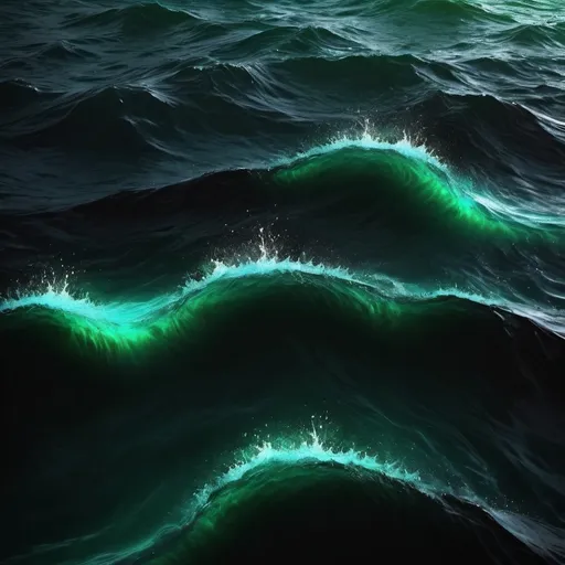 Prompt: create an image of water with dark black water and shining green waves 


