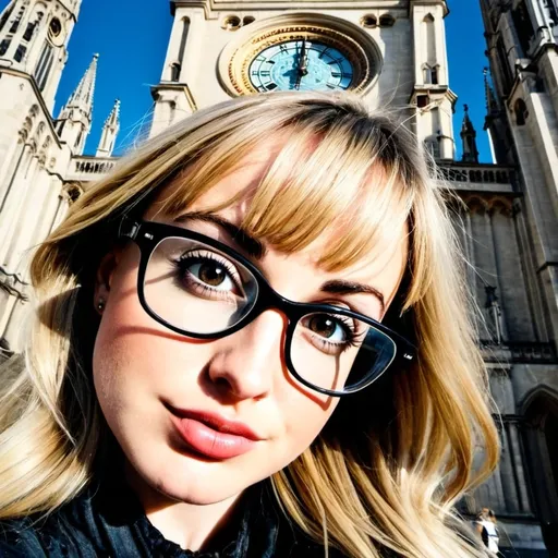 Prompt: Woman standing with doing selfie photo in the front of a large cathedral with a clock tower on the front of it's building, and a blue sky in the background, Ernst, gothic art, neo-gothic, a flemish Baroque