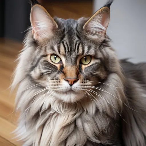 Prompt: maine coon gray color, Picasso style, wooden floor background, 4k quality, unfocused background, focused on the head