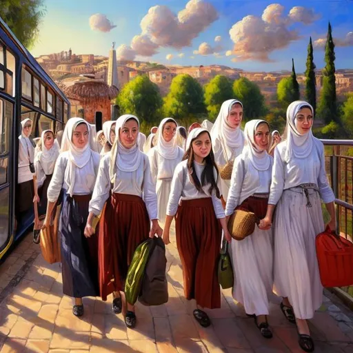 Prompt: Bus of Orthodox Jewish students arriving by bus at weekend retreat guesthouse in northern Israel,. wearing stylish skirts no pants no head covering. detailed facial features, oil painting, vibrant colors, high quality, realistic, traditional style, warm and sunny lighting, detailed landscape, large group of girls, traditional clothing, serene atmosphere, lush greenery, peaceful setting, detailed facial features