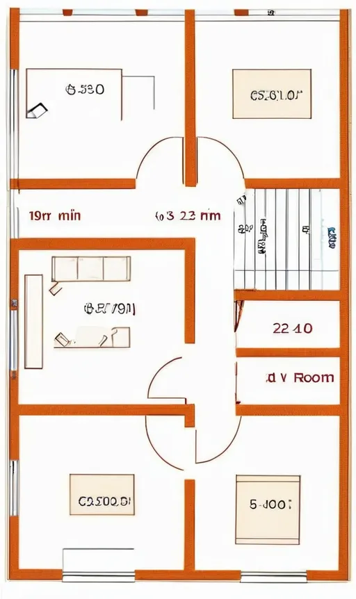 Prompt: i want house ground floore 5D plan house is made in total area
23X 38 Feet. front 2 room sizes is 11'9"X 10' and 10'X10 Feet. 
thenin the big roo side there is openspace 7'X4'feet.after that 2 rooms
11'9"X10 and 11'9"X10. in its opposite side of 7'X4'feet open space there is
stair for upper flore 7X7' in the stair side there id
is 2 bath room 7X3.6' sizes. after that one kitchen 
10'X10' size.  add 1 window for each big room and add door for all room and bathroom.