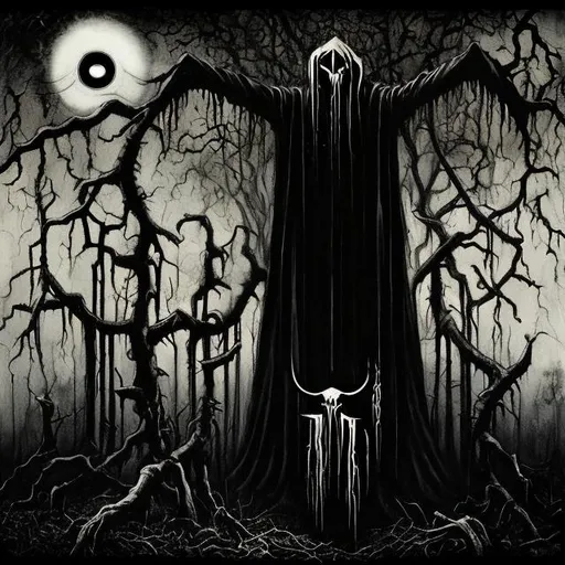 Prompt: Tall thin long limb pale faceless man with eyes in the palm of his hands in the style of a black metal album cover