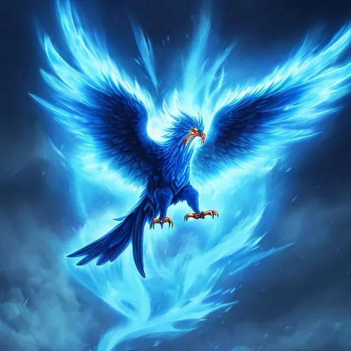 Prompt: A blue ice Phoenix flying in the sky attacking in a rainy weather