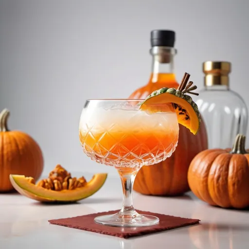 Prompt: (white background), (delicious cocktail), vibrant colors, focal point  on the cocktail, warm lighting, intricately detailed glass, rich and textured cocktail ingredients, a distinct pumpkin in the background, softly blurred background for emphasis, minimal distractions, high-quality image, ultra-detailed, inviting and cheerful ambiance.