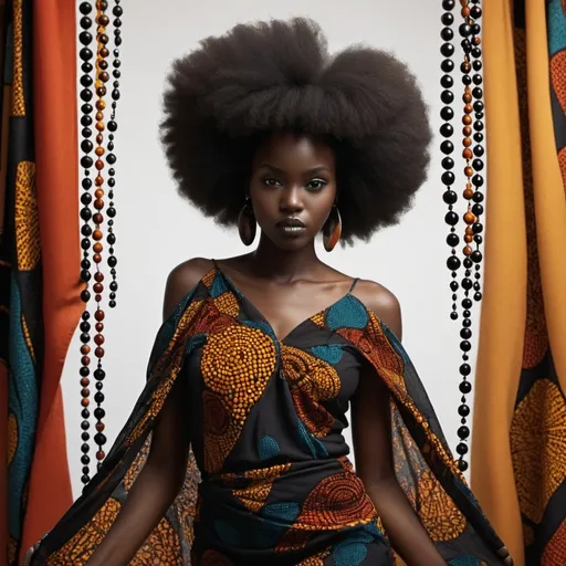 Prompt: Abstract Medium Shot: The model’s silhouette is partially obscured by flowing fabrics. The beads should appear to float or move as if they have a life of their own. black african with kitenge or retro look nad afro hair

