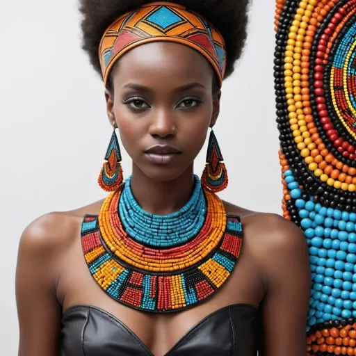 Prompt: Close-Up: Focus on the contrast between the smooth, matte finish of the leather and the vibrant, intricate beadwork. Use reflections or prisms to create a fragmented, kaleidoscopic effect, highlighting the synergy between the two materials.
 black african with kitenge or retro look nad afro hair 

