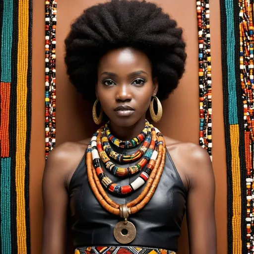 Prompt: Abstract Medium Shot: Leather and beads are intertwined—perhaps a leather belt adorned with beaded patterns. Capture the way the materials complement each other, with Adoyo’s silhouette partially obscured by flowing fabrics that reflect both textures.
 black african with kitenge or retro look nad afro hair 

