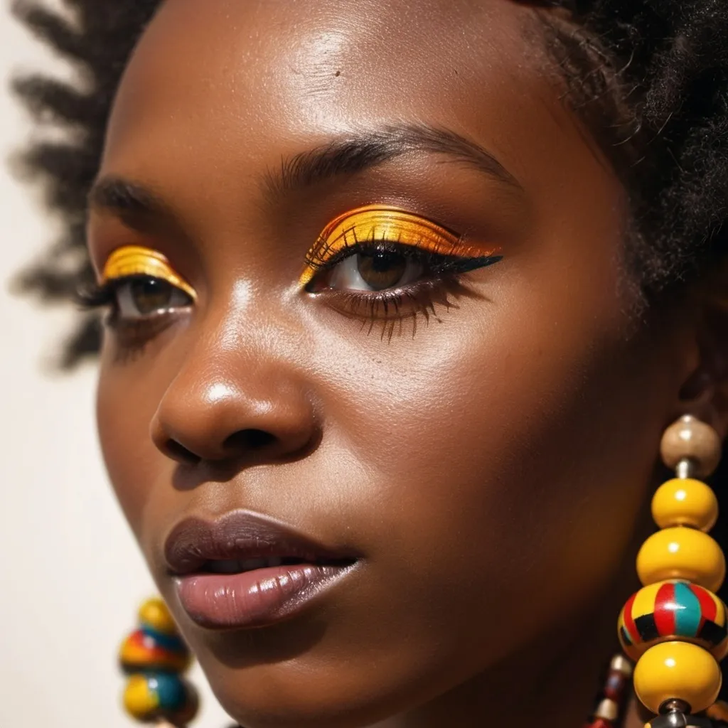 Prompt: Close-Up: Extreme close-up of the beads with an artistic play of shadows and light. Experiment with reflections or prisms to fragment the image, making it appear like a kaleidoscope. black african with kitenge or retro look nad afro hair

