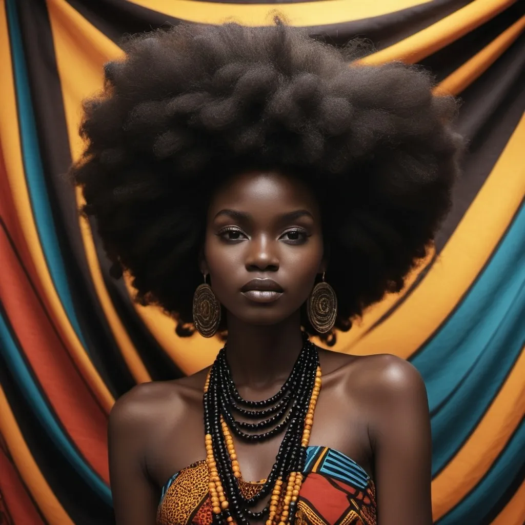 Prompt: Abstract Medium Shot: The model’s silhouette is partially obscured by flowing fabrics. The beads should appear to float or move as if they have a life of their own. black african with kitenge or retro look nad afro hair

