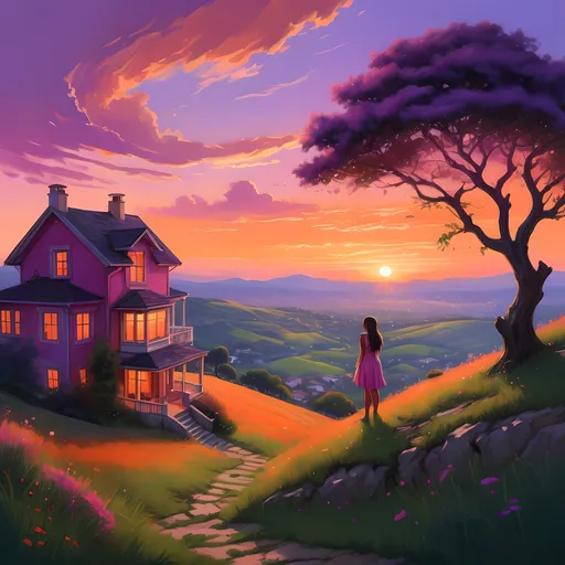 Prompt: "A charming house stands perched on a hill with a stunning panoramic view. A girl gazes at a mesmerizing sunset, its hues blending warm oranges, purples, and pinks across the vast sky. The hilltop is lush with greenery, and rolling hills cascade into the distance. The girl stands quietly in awe, her silhouette illuminated by the soft, fading sunlight. The entire scene feels peaceful, with a light breeze carrying the scent of nature as the golden hour bathes the world in warmth and serenity."