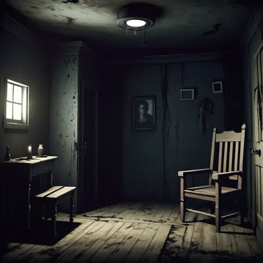 Prompt: A Dark Room (3D Model):
Showcase a 3D model of a small, dimly lit room with minimal furnishings to create a sense of claustrophobia and suspense.
Include details like tied-up chairs, dim lighting sources casting eerie shadows, and perhaps some mysterious objects or symbols for added intrigue.
