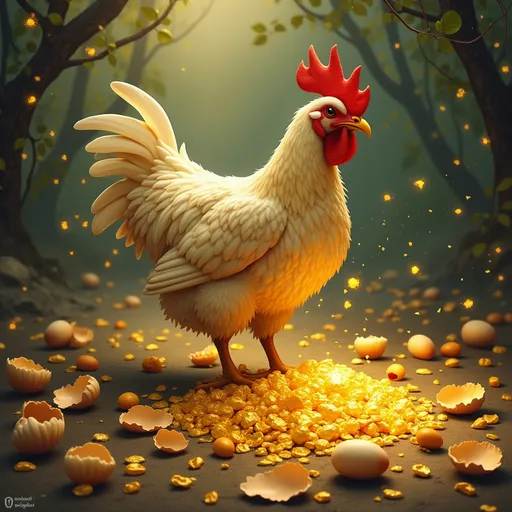 Prompt: That morning, Ramu killed the hen, hoping to find a pile of golden eggs inside.
But there was nothing. No gold. No magic. Just an ordinary hen’s body.
Now the eggs stopped, and his fortune disappeared. He sat in silence, surrounded by broken shells, his heart heavy with regret.But soon, greed crept into Ramu’s heart.
"Why just one egg a day? What if I could get all the eggs at once?" he thought, sleepless with desire.