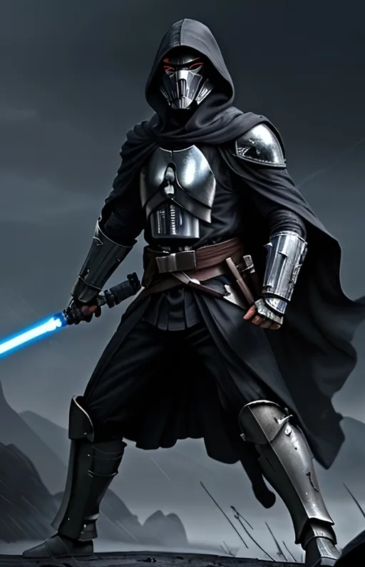 Prompt: 1 male dark jedi, detailed clothes and armor, fighting stance with lightsaber in one hand, Force lightning coming from other hand, stong appearance, hooded Assassins Creed style robe, wearing mandalorian space mask, lightning, war paint, body has ethereal glow, determined, warrior pose, surrounded by storm troopers and tie fighters, stars and war background, realistic, natural light, war light and armor, full body view, 8k resolution.