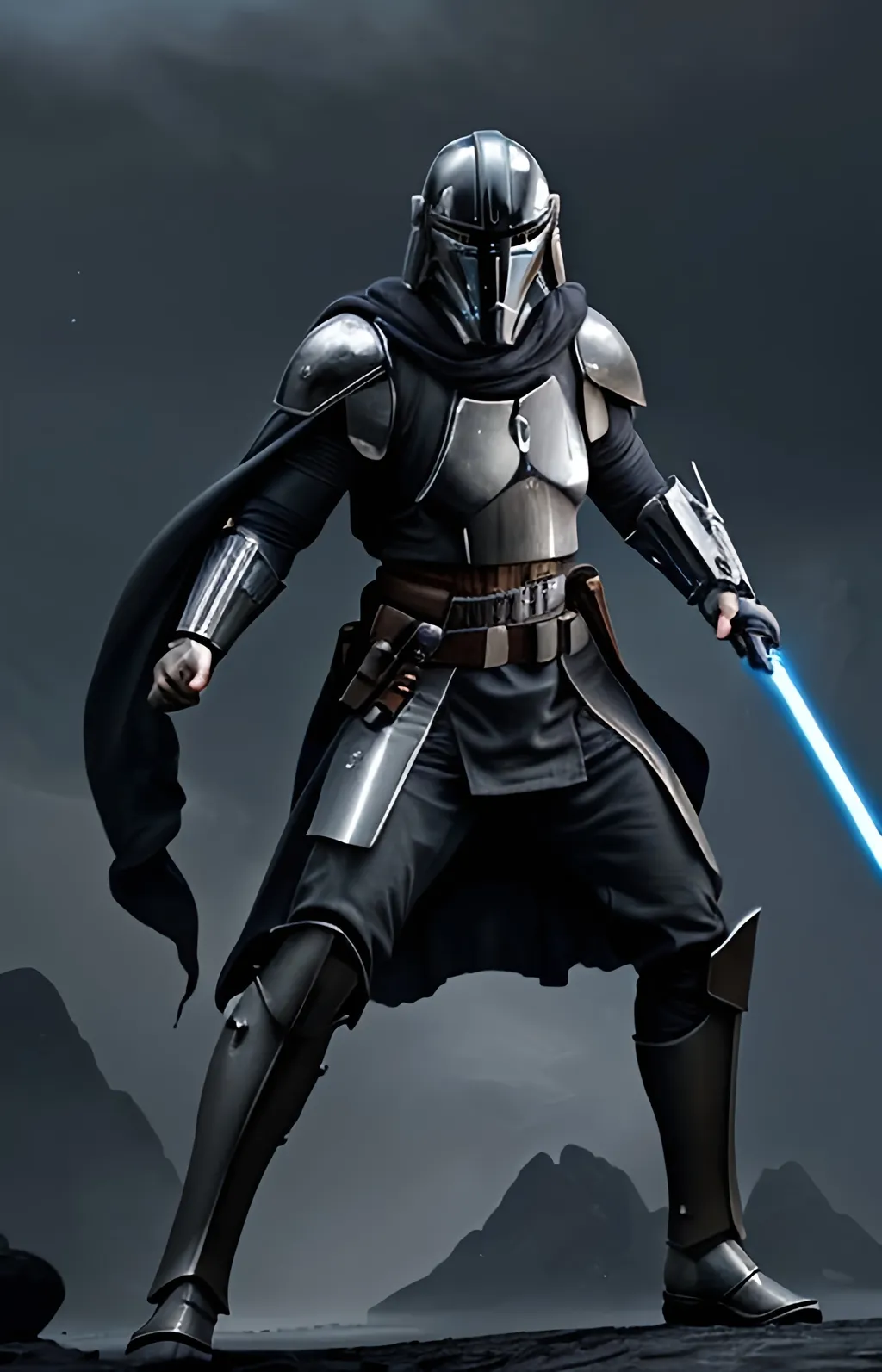 Prompt: 1 male dark jedi, detailed skin and armor, fighting stance with lightsaber twirling in his hand, lightning coming from other hand, stong appearance, wearing mandalorian space mask, lightning, war paint, body has ethereal glow, determined, warrior pose, surrounded by storm troopers and tie fighters, stars and war background, realistic, natural light, war light robe and armor, full body view, 8k resolution.