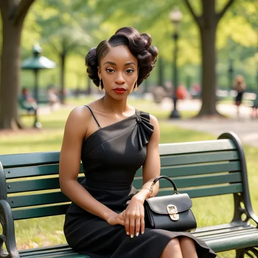 Prompt: a woman in a black dress sitting on a bench in a park with a black purse on her shoulder, Chinwe Chukwuogo-Roy, harlem renaissance, portrait photography, a character portrait