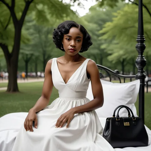 Prompt: Sorry a woman in a white dress sitting on a bed in a park with a black purse on her shoulder, Chinwe Chukwuogo-Roy, harlem renaissance, portrait photography, a character portrait