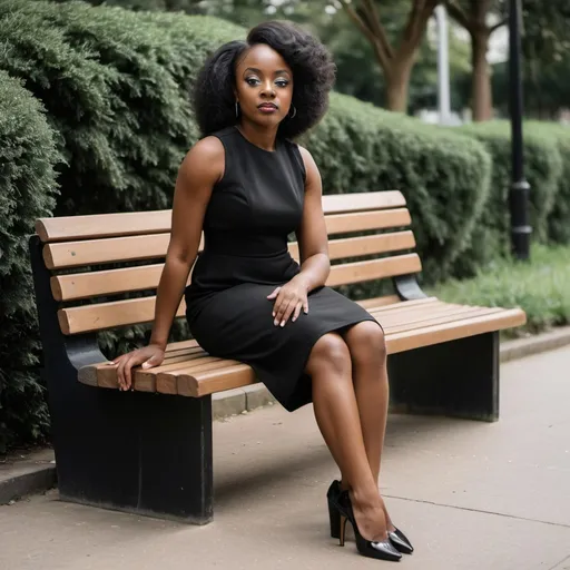 Prompt: a woman in a black dress sitting on a bench with her legs crossed and her legs crossed, with a bench behind her, Chinwe Chukwuogo-Roy, private press, brown skin, a photocopy