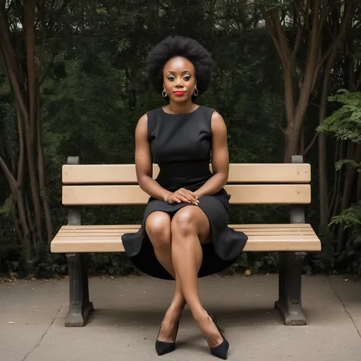 Prompt: a woman in a black dress sitting on a bench with her legs crossed and her legs crossed, with a bench behind her, Chinwe Chukwuogo-Roy, private press, brown skin, a photocopy