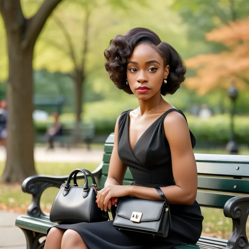 Prompt: a woman in a black dress sitting on a bench in a park with a black purse on her shoulder, Chinwe Chukwuogo-Roy, harlem renaissance, portrait photography, a character portrait