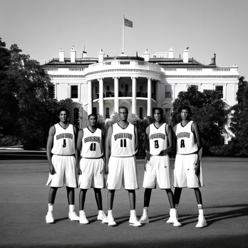 Prompt: a group of basketball players, with the white house in the background, the photo should be taken from a medium distance, make it in black and white,