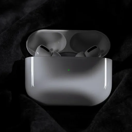 Prompt: create me an best quality of an picture that could fit in a website. it has to be airpod pros 2 but background black themed. Put apples AirPods pro two 
