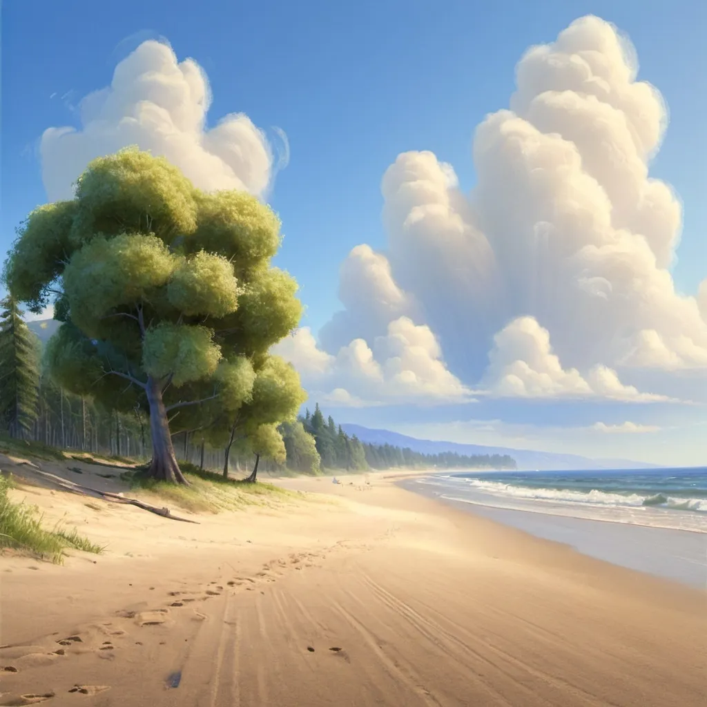 Prompt: Picture a beach with a blue sky and ocean in the background and a few trees on the sand, picture real, plein air, beach