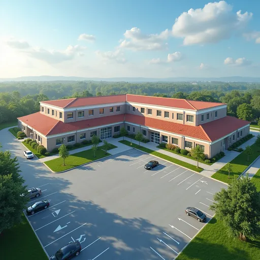 Prompt: in 1 frame it has 2 separate building of elementary school with 3 floors of each building, has playground on the side, have a big parking lot, and church to pray on the other side of the school. 