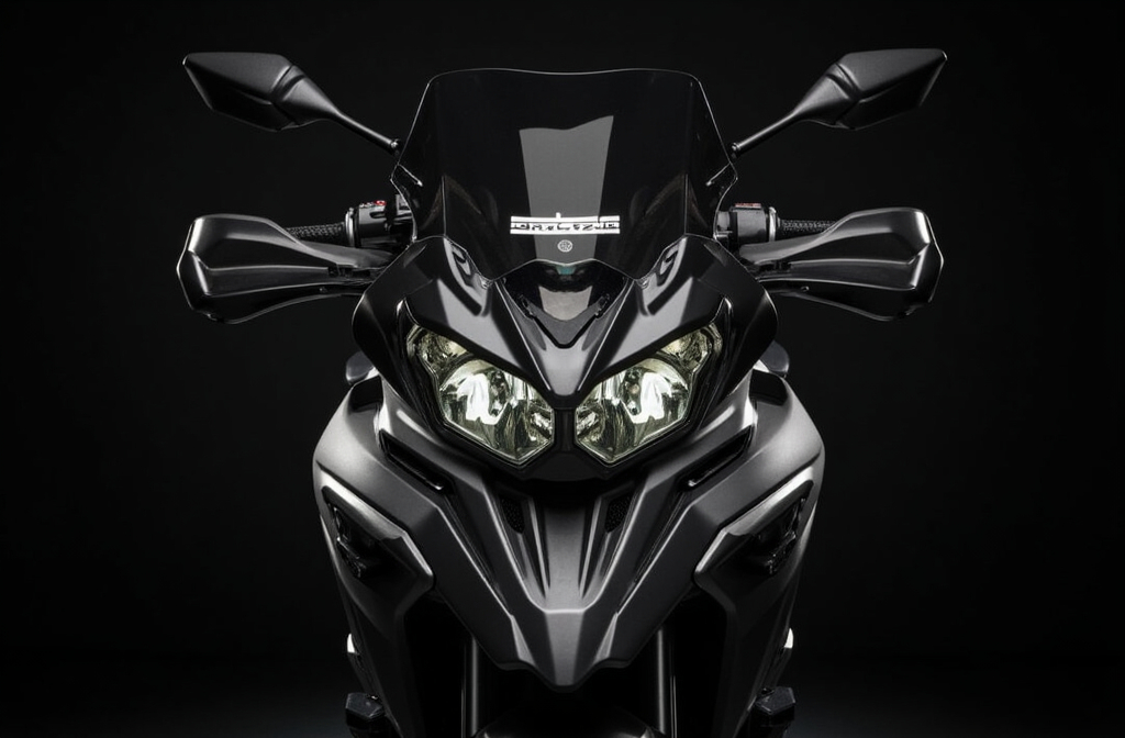 Prompt: Benelli Trk 702 motorcycle With headlights on, with realistic dark background, natural lighting