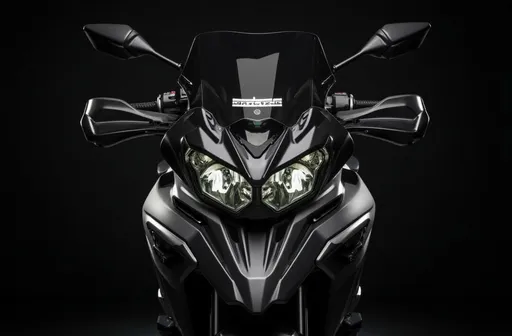 Prompt: Benelli Trk 702 motorcycle With headlights on, with realistic dark background, natural lighting