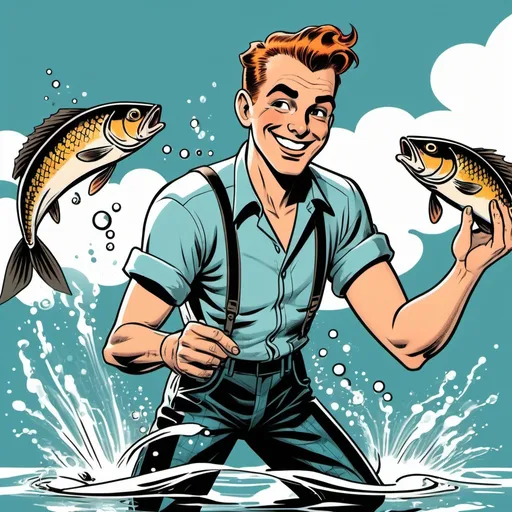 Prompt: A man smiling subtly and casually throwing some fish in the water in 50s comics style where you see his whole body but a bit punk style