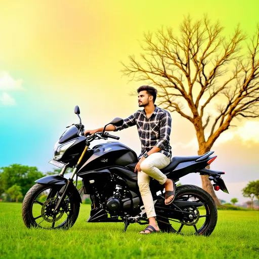 Prompt: Bathed in the warm glow of sunlight, a young man confidently poses on a sleek black motorcycle, which stands out against the lush green grass of an open area. Dressed in a casual plaid shirt and light-colored pants, his relaxed demeanor is accentuated by his stylish sandals, as he leans slightly forward, gazing with a contemplative expression. In the background, a leafless tree reaches towards the vibrant blue sky, complementing the scene's tranquil atmosphere. The composition beautifully captures a moment of freedom and adventure, embodying the spirit of youth and exploration in a picturesque outdoor setting.