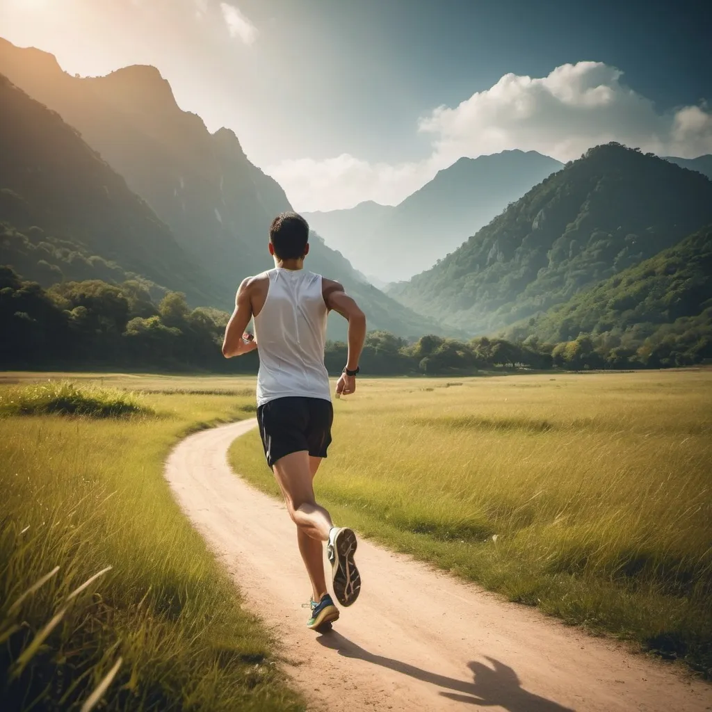 Prompt: make a landscape photo of runner is running in wonderful scenery. it illustrate an organization that running to achieve a goal, make it landscape