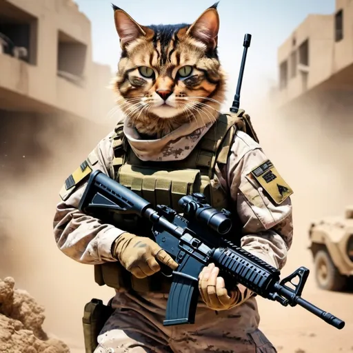 Prompt: A military cat with assault rifle on a battle field with banner that says i miss my favorite streamer