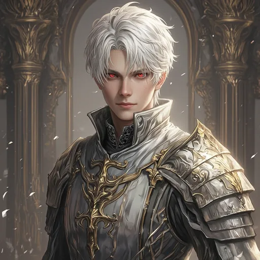 Prompt: A male character, with white hair, red eyes, around 18 years old, with a haughty and cold gaze. The background is set in a magnificent palace. Dressed in gray/gold attire in a crusader knight style.