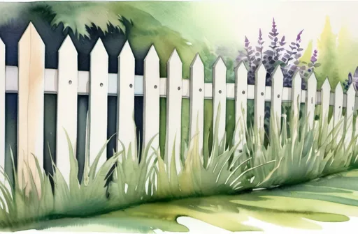 Prompt: Watercolor backyard fence backyard grass only, front view