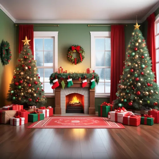 Prompt: Create a realistic Christmas backdrop featuring a cozy living room scene with a fireplace, a beautifully decorated Christmas tree, and red and green decorations. Include presents on the floor that match the room's color scheme. The lighting should be warm and inviting, coming from two directions. Add a large window showing a winter scene outside. The image should be suitable for high-quality printing at 3 meters by 3 meters.