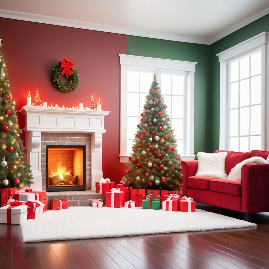 Prompt: Create a realistic Christmas backdrop featuring a cozy living room scene with a fireplace, a beautifully decorated Christmas tree, and red and green decorations. Include presents on the floor that match the room's color scheme. The lighting should be warm and inviting, coming from two directions. Add a large window showing a winter scene outside. The image should be suitable for high-quality printing at 3 meters by 3 meters.