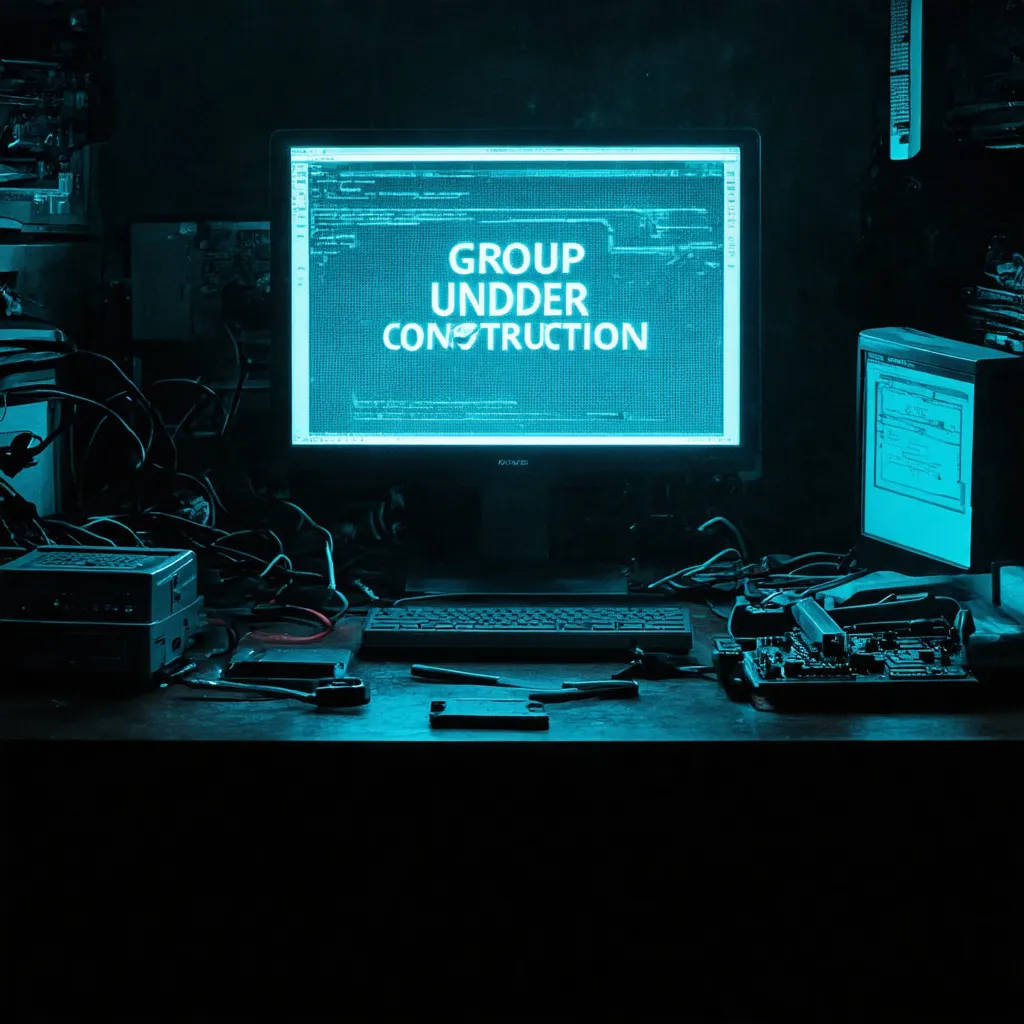 Prompt: (retro techy vibe), (computer screen reads "Group Under Construction"), dimly lit room filled with vintage gadgets, glowing circuit boards, cluttered desk with tools and wires, mood is mysterious and adventurous, muted colors with hints of neon, ultra-detailed, atmospheric shadows, a sense of resilience and creativity in a hacker environment, captivating scene with a nostalgic touch, cinematic quality.