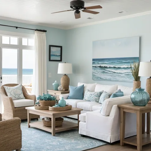 Prompt: A coastal themed living room for an interior decorator’s website