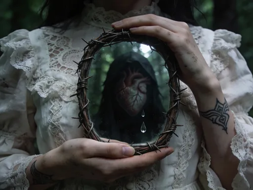 Prompt: close up of witch wearing an off white old victorian lace dress holding a smallish mirror with a barbed wire frame, the mirror covers her invisible face and head, her slightly dirty hands are delicate with minimal tribal tattoo. behind her is dense woodland, faintly reflected in the mirror, over this reflection inside the mirror is a human heart. Two teardrops drip down the glass on the mirror
