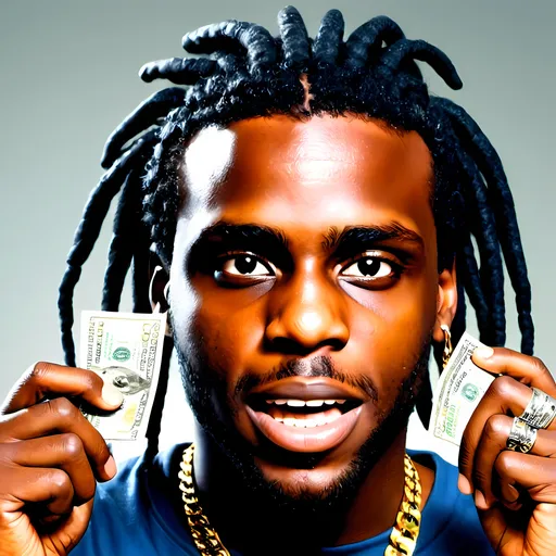 Prompt: Realistic cartoon illustration of Chief Keef, black skin, dreadlocks, rapper, blue Jordans, gold chain, legs spread apart, standing pose, holding money, big grin, high quality, professional, detailed facial features, realistic lighting, anime, detailed eyes, professional, realistic lighting, mischievous smile, emotion,