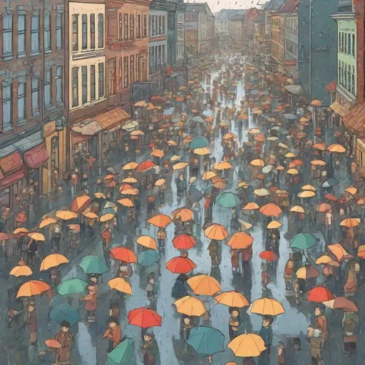 Prompt: so many people  in a town on rainy day 