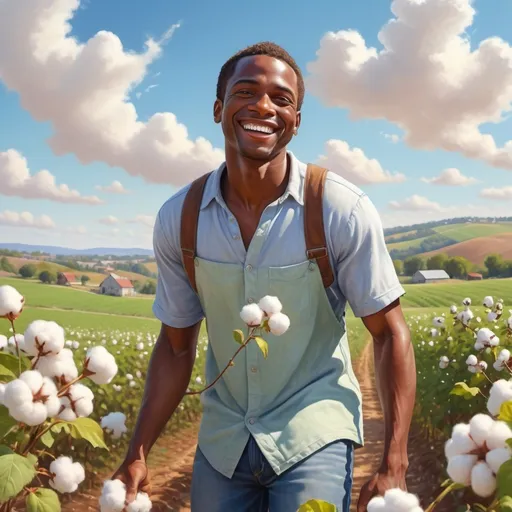 Prompt: A black male picking cotton looking very happy