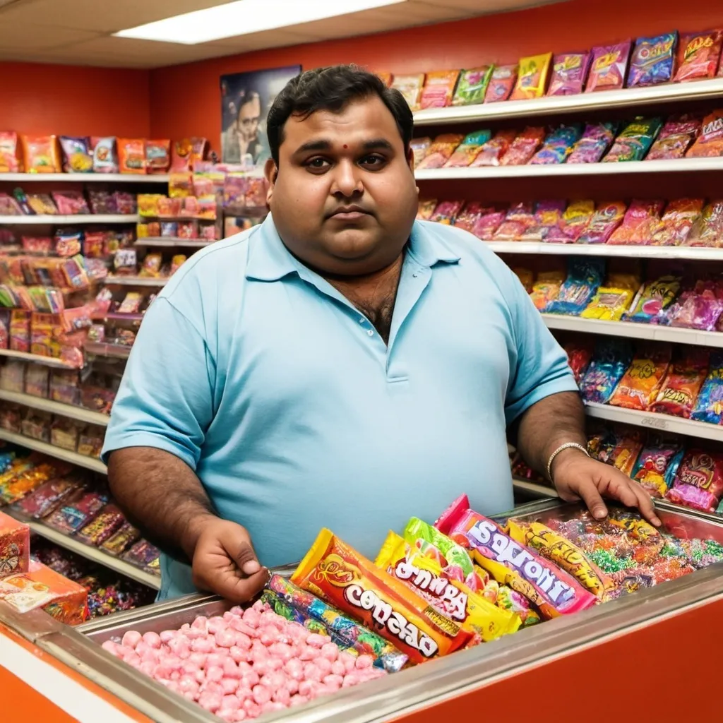 Prompt: A fat indian  man holding candy in a candy corner store
