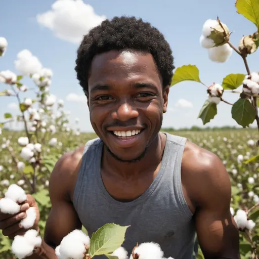 Prompt: A black male picking cotton looking very happy