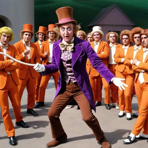 Prompt: willy wonka abuses the oompa loompas with a whip. This oompa loopa was very bad an there is a crowd of oompa loopas behind him