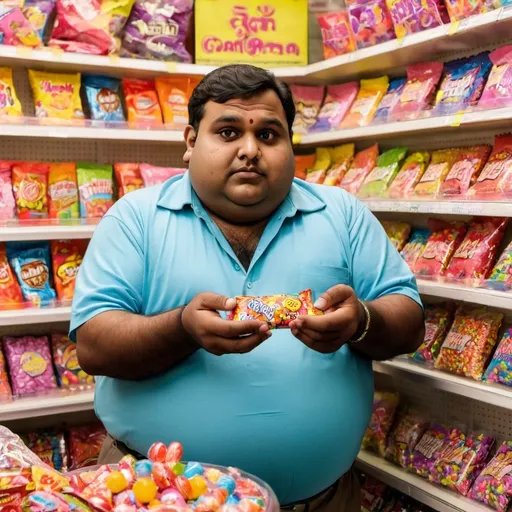 Prompt: A fat indian  man holding candy in a candy corner store
