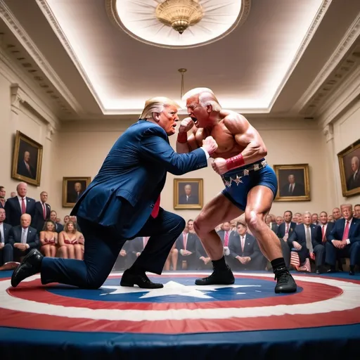 Prompt: Donald trump is in a wrestling match with Joe Biden. This is occuring within the Oval Office, you are abe to see both of their stomachs and they have ice cream all over them. High Res