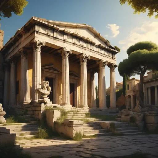 Prompt: (CULTURA en el mundo greco-romana), realism style, (detailed), classical architecture, ancient ruins, warm golden light, soft shadows, rich textures, intricate sculptures, lush greenery in the background, a serene and reflective atmosphere, historical artifacts, high quality, 4K resolution, evocative imagery that captures the essence of Greco-Roman culture.